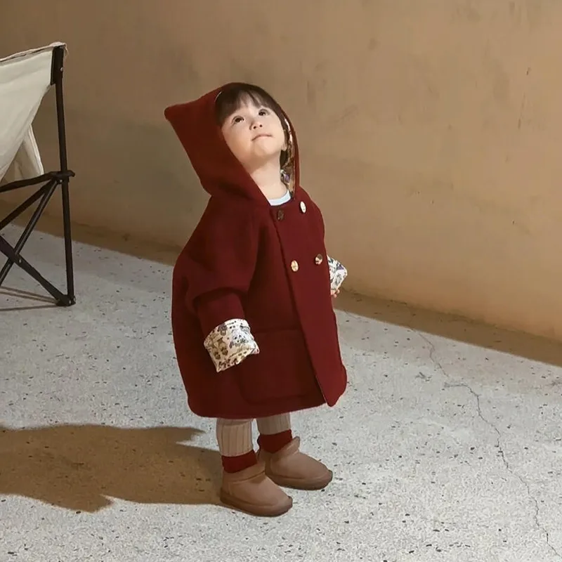

Children's Woolen Coat Autumn and Winter New Style Girls' hooded red medium long coat Christmas and New Year's clothing