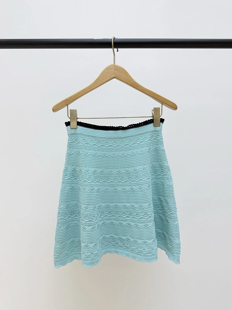 Summer Fashion Party Mint Green Color Sexy Knitting Mini Skirt Women's Middle Waist Slim A-Line Flounces Hem Short Skirt