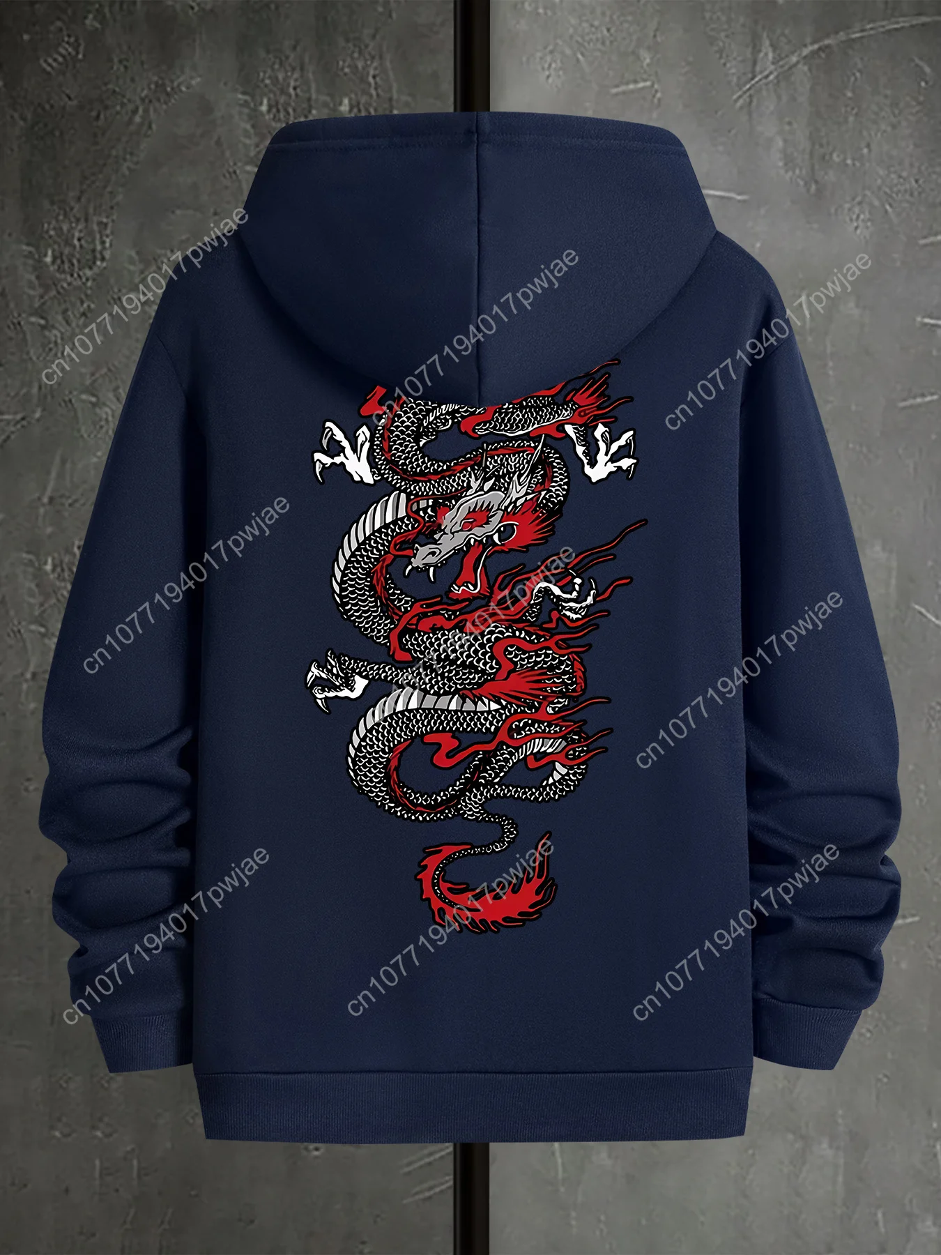 Machine Washable Polyester Men's Casual Hoodie with Geometric Dragon Print, Pockets - Perfect for Spring, Fall & Outdoor Activit