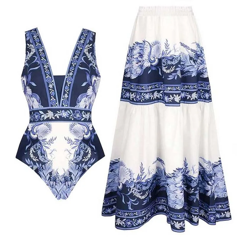 Women Swimwear V-neck sleeveless Beach vacation Blue Print Swimsuit Two-piece set Summer Bikini Set Wear Maxi Dress Skirt