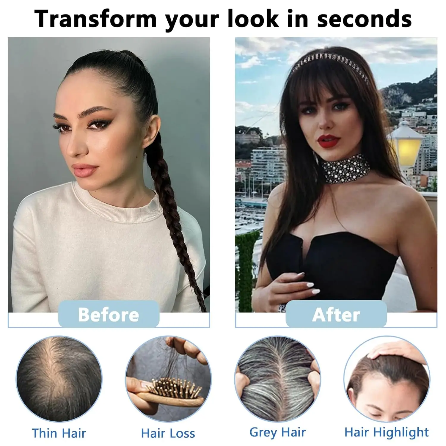 أغطية شعر بشري مع شريط من حجر الراين للنساء، مشبك في غرة مع شريط شعر مستقيم لتخفيف الشعر