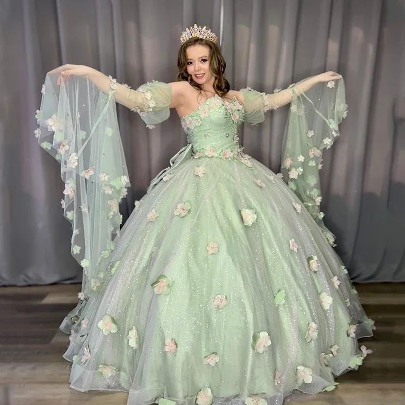 

ANGELSBRIDEP Sage Green Sweet Princess Quinceanera Dress Bead Appliques 3D Flower Vestidos De Birthday Party Graduation Ball