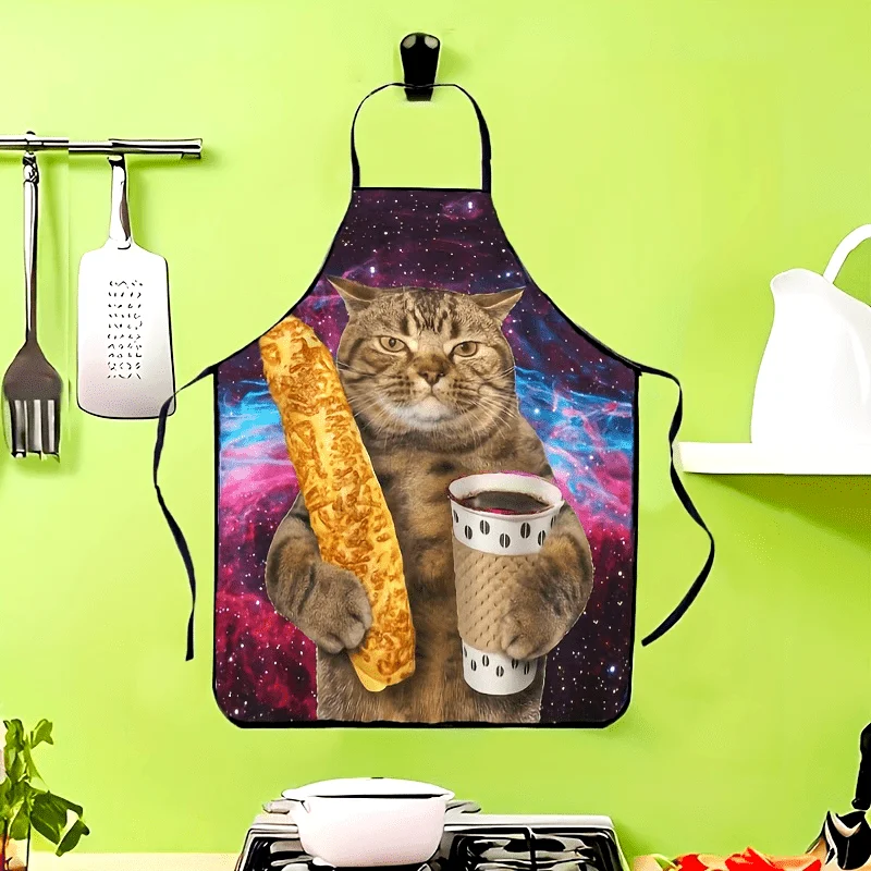 1pc Whimsical Starry Night Cat Apron Durable Polyester Cosmic Pattern Lightweight Smooth Kitchen Cooking Baking Apron