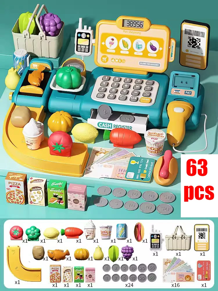 36-63pcs Pretend Play Calculator Cash Register Toy Supermarket Shop Cashier Registers with Scanner Shopping Toys Gifts for Kids