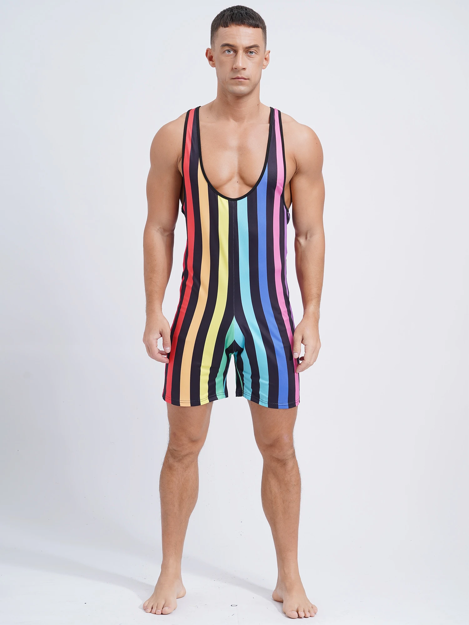 Men Water Sports Surfing Fitness Short Striped Jumpsuit Wrestling Singlet Slim Fit Boxer Shorts Rompers Bodybuilding Shapewear