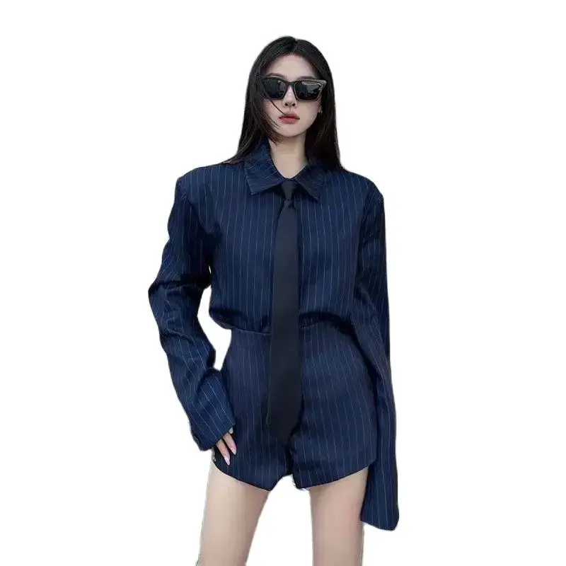 Short Sets Spring And Autumn Striped Long Sleeves Blouse Short Pants Two Piece Sets Womens Outifits Office Lady