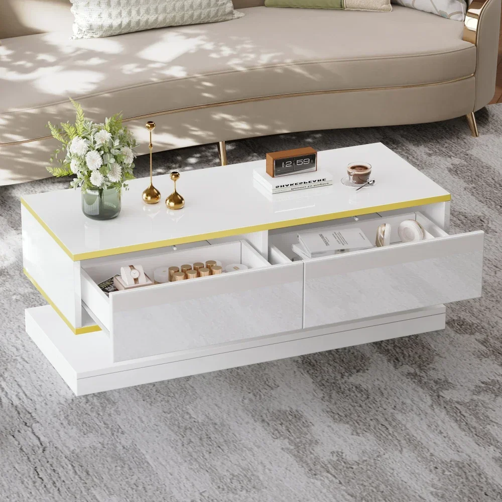 Moderner TV-Ständer mit 3 Schubladen, warmweißes Lowboard, goldener Rand, Wohnzimmer-Aufbewahrungsschrank – Detail 39