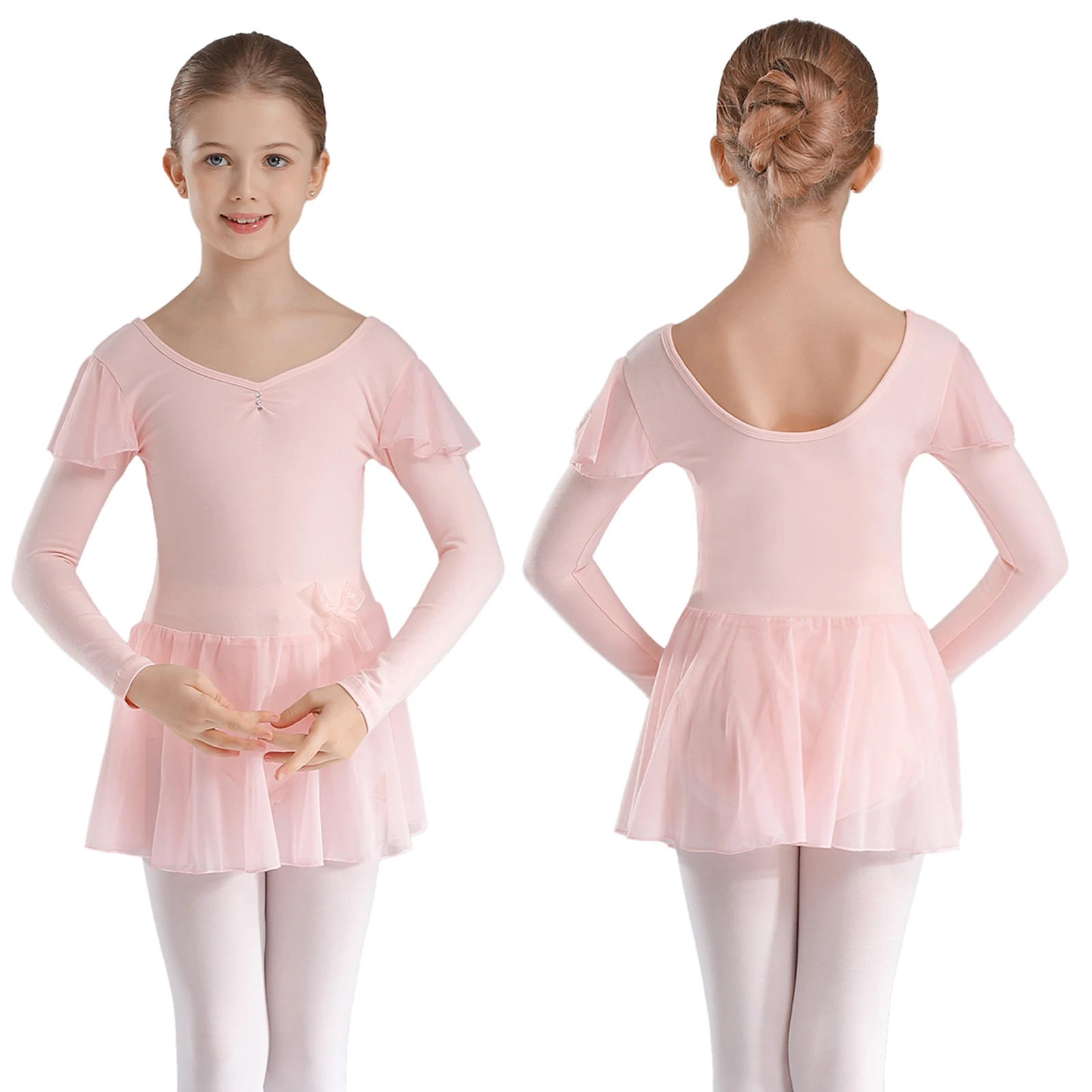 

New Kids Girls Ballet Dress Gymnastics Leotards Cotton Mesh Patchwork Ruffled Long Sleeve Leotard Dancewear Performance Costumes