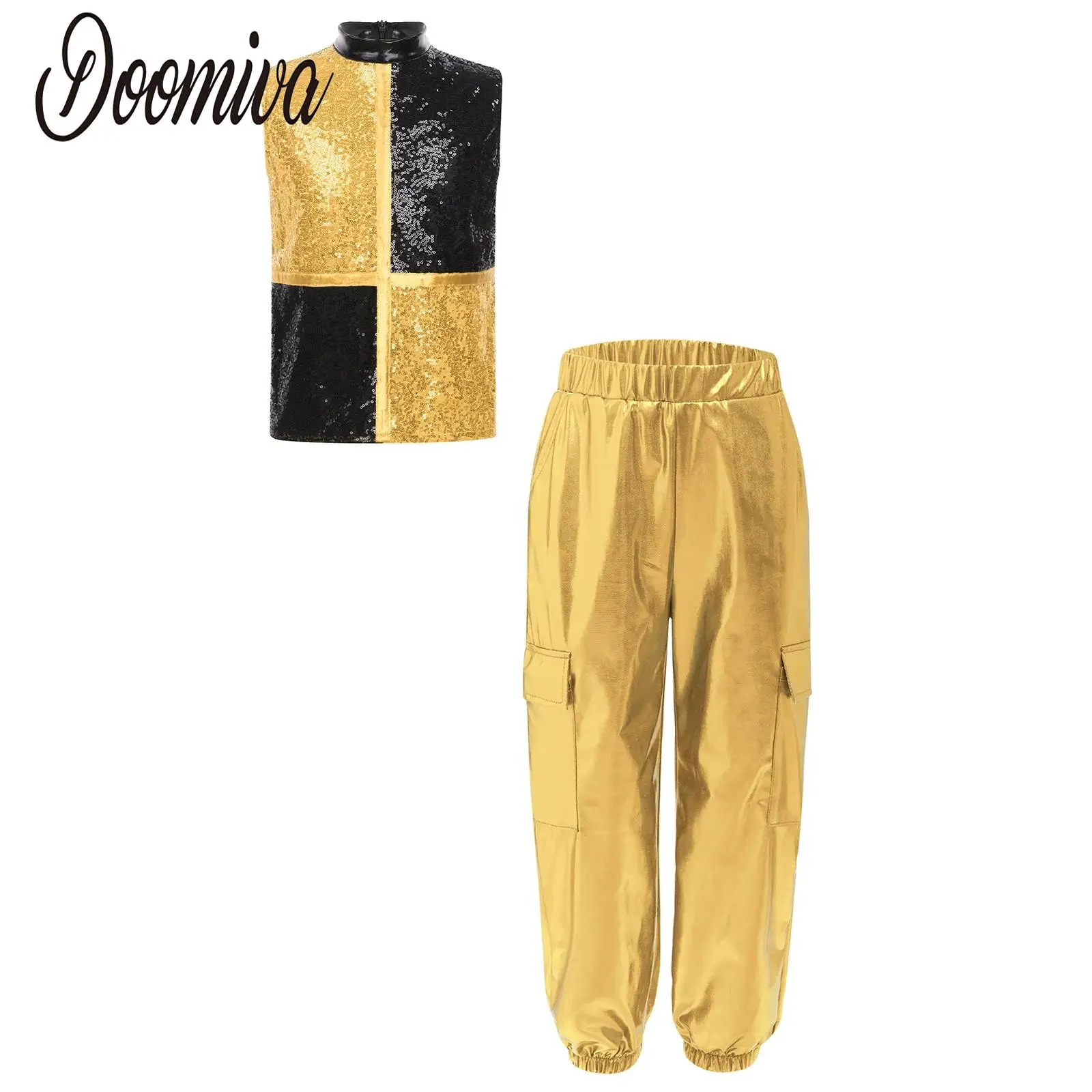 

Kids Boys Modern Street Jazz Dance Outfit Dancing Team Metallic Costume Sleeveless Sequins Zipper Vest with Shiny Cargo Pants