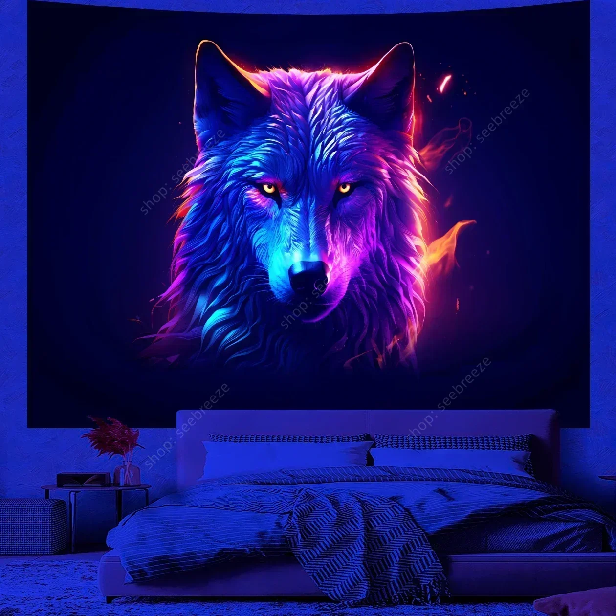 Animal Tapestry Psychedelic Wolf UV Reactive Tapestry Wall Hanging Hippie Room Decor Sofa Blanket Beach Towel Gift for Friend