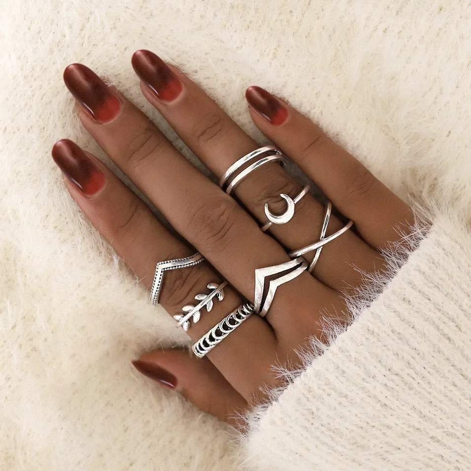 

New, personalized moon cross simple ring, retro leaf 7-piece ring