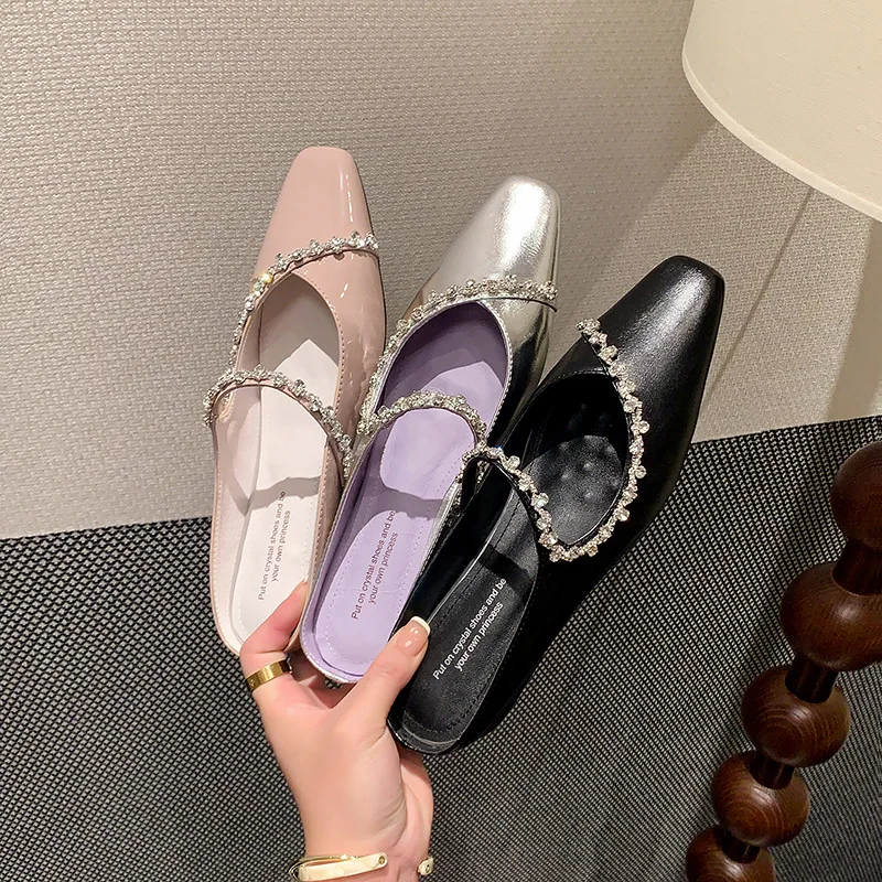 

Arden Furtado Summer sheepskin Increased Internal Slippers Square toe Pull-on Middle heel Crystal Mules word-cingulate slippers