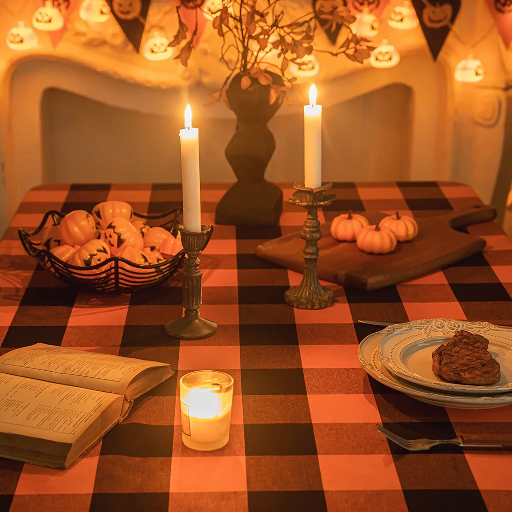 Orange Black Checkered Polyester Halloween Festive Dining Table Decoration Tablecloth