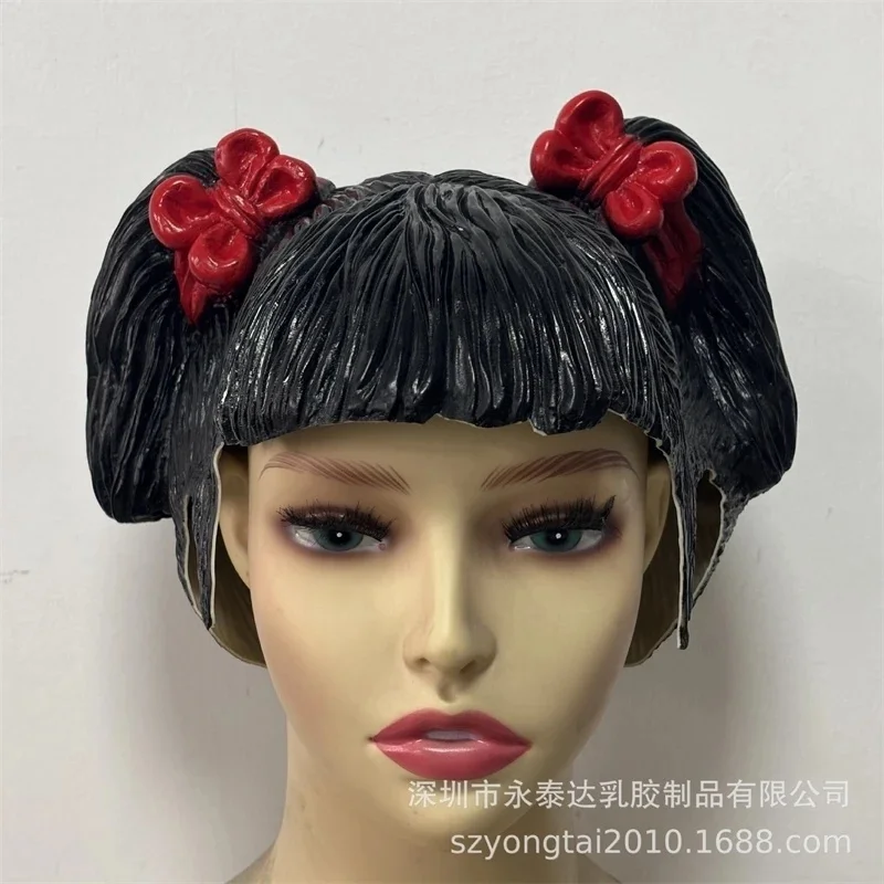 

Novelty Reusable Black Double Ponytail Red Bow Latex Full Head Mask For Halloween Cosplay Costume Party Masquerade Props