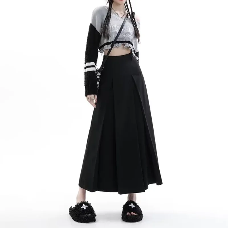 Vintage Grey Medium Length Skirts Women Spring Summer High Waist Pleated Umbrella Skirt Fashions Y2k Female Korean Style Clothes