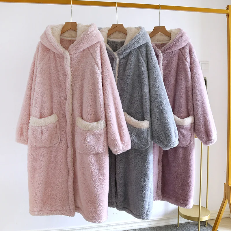 Thickened Coral Fleece Hooded Sleepwear Kimono Bathrobe Gown Winter Women Robe Nightgown Loose Warm Flannel Nightdress Home Wear