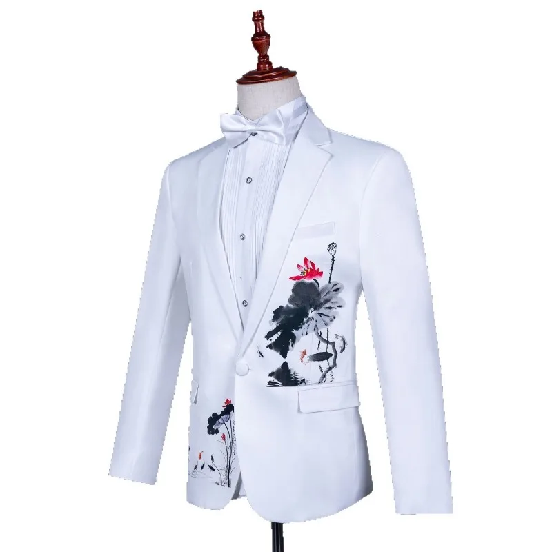 Men Suits Costumes White Chinoiserie Suit Gown Cantata Compere Singer Performance Mens Suits 2 Piece