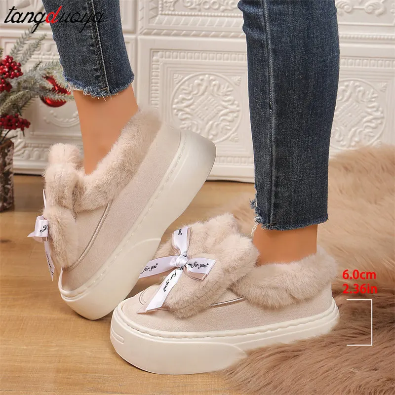 Women\'s Winter Snow Boots Platform Plus Velvet Warm Cotton Shoes Ladies sweet Bow Designer Non-Slip Short Boots Zapatos De Mujer