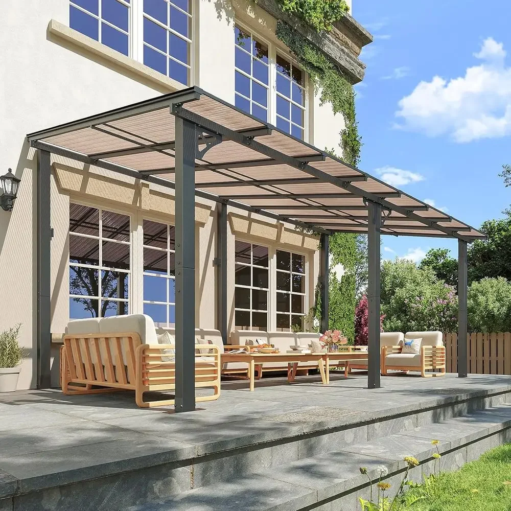 10x16T Lean to Gazebo, Hardtop Metal Pergola with Polyte Roo, Large Wall Mounted Heavy Duty Awnings, Patio or Backyard, Deck, Po view 3