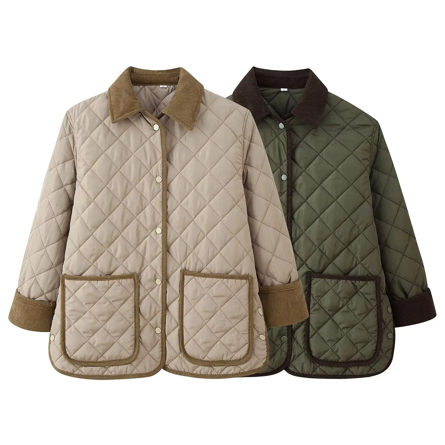 

Cotton Jacket Winter Fashion Casual Women's Loose-fit Collared Warm Diamond Quilting Coat Single-breasted Pockets Outwear