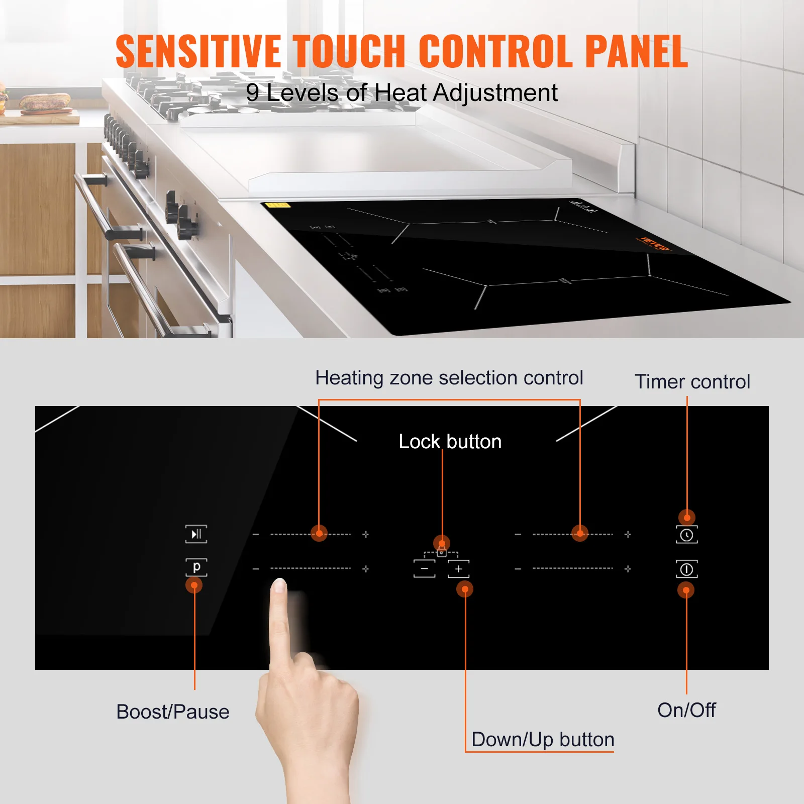 VEVOR Induktionskochplatte Induktionskochfeld 6800 W, 4 Platten Induktionskochplatte Touchscreen 9 Heizstufen, Eingebauter Induktionsherd Kochfeld