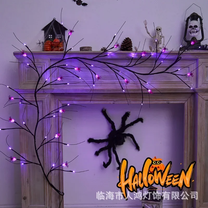 Nuevas luces decorativas de ratán para Halloween, luces LED de árbol simuladas, luces de rama de murciélago araña, lámparas de decoración de ambiente de Halloween