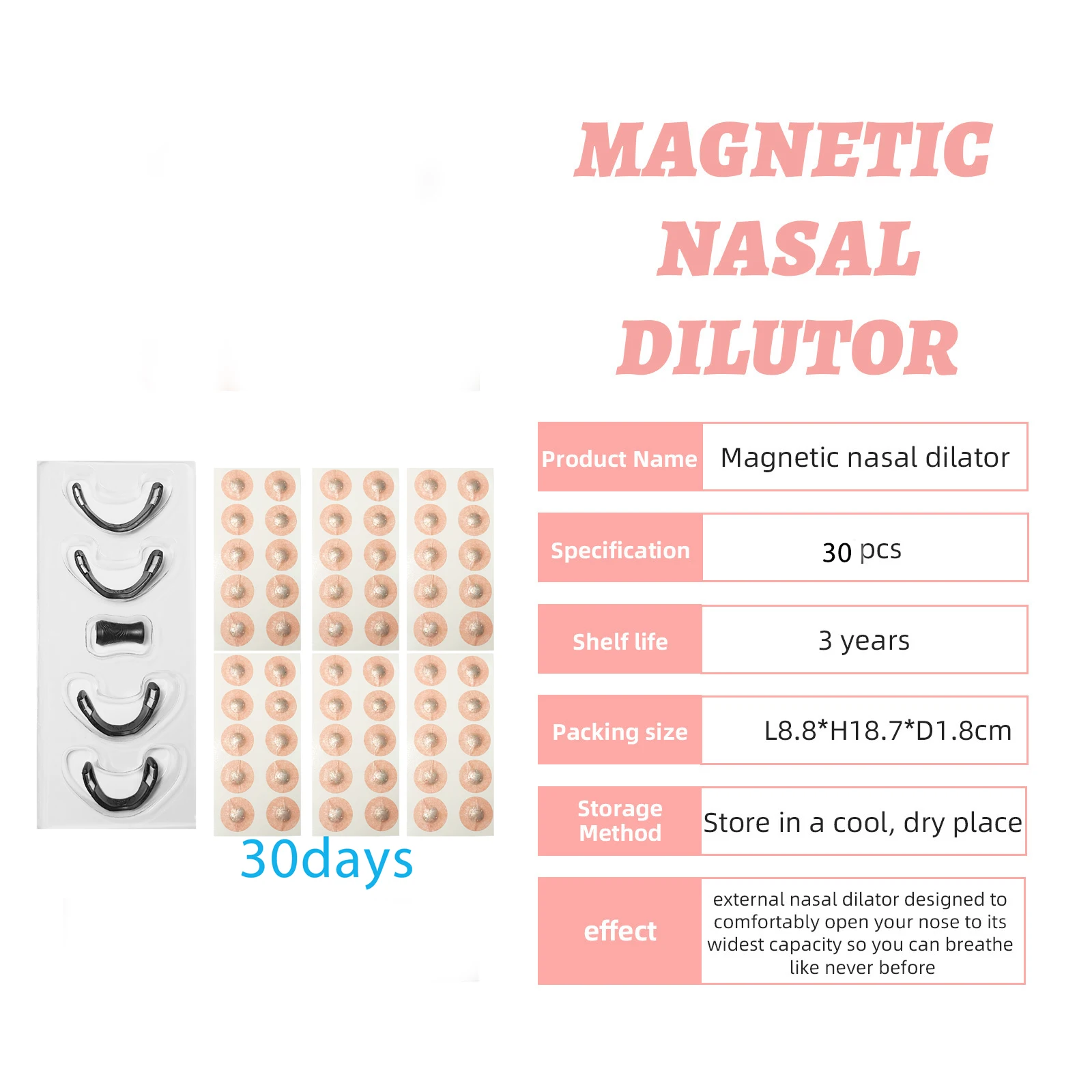 30Day مكافحة الشخير النوم الفم الشريط الأنف التنفس الموسعات كاتب أطقم شرائط الأنف المغناطيسي زيادة الهواء تقليل الشخير