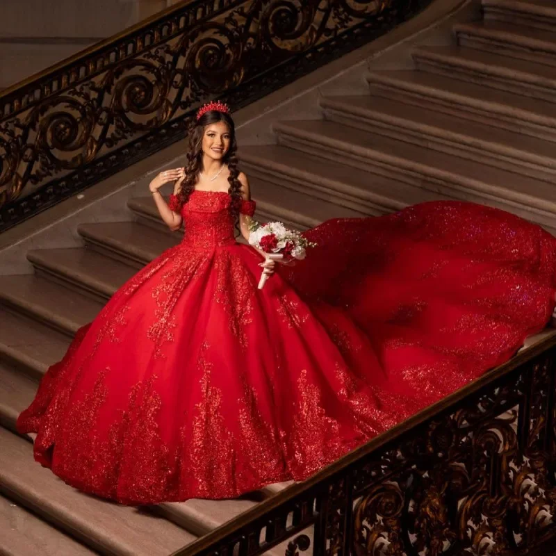 ANGELSBRIDEP Vestido de quinceañera de encaje con lentejuelas brillantes, apliques rojos oscuros, volantes hinchados, tren de la Catedral, Vestido de graduación de 15 años