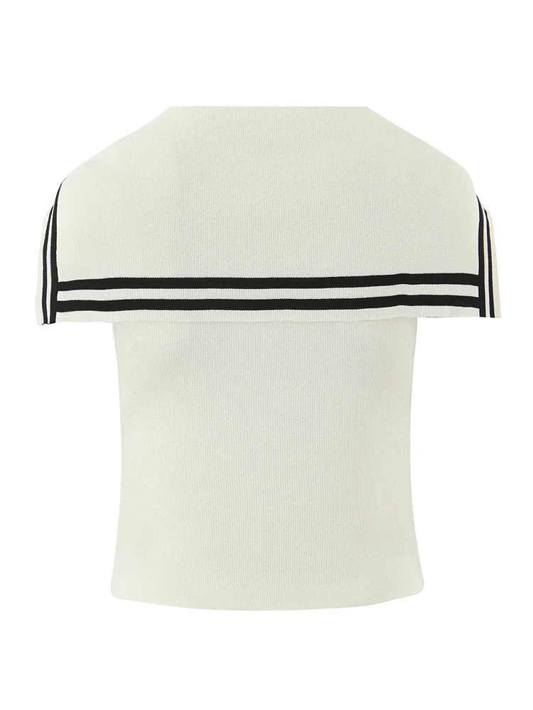 تشو ساو بيوتي 2025 المرأة موضة جديدة خمر البحرية طوق شيك واحدة الصدر تانك القمم مثير سليم بلا أكمام محبوك بلوزة صغيرة #2