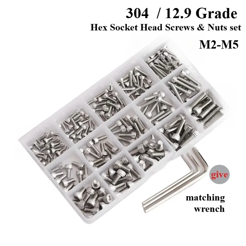 304 Stainless Steel / 12.9 Grade Hex Socket Head Screws Nuts Set, Allen Bolts Assortment Kit M2-M5 for DIY, Furniture & Industri