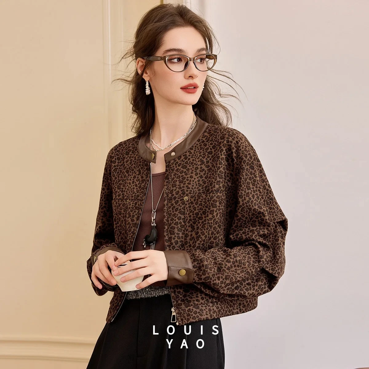 

LOUISYAO Faux Leather Leopard Print Jacket 2025 Autumn Jackets Vintage Patchwork Coats Round Neck Drop Sleeves Jacket Top