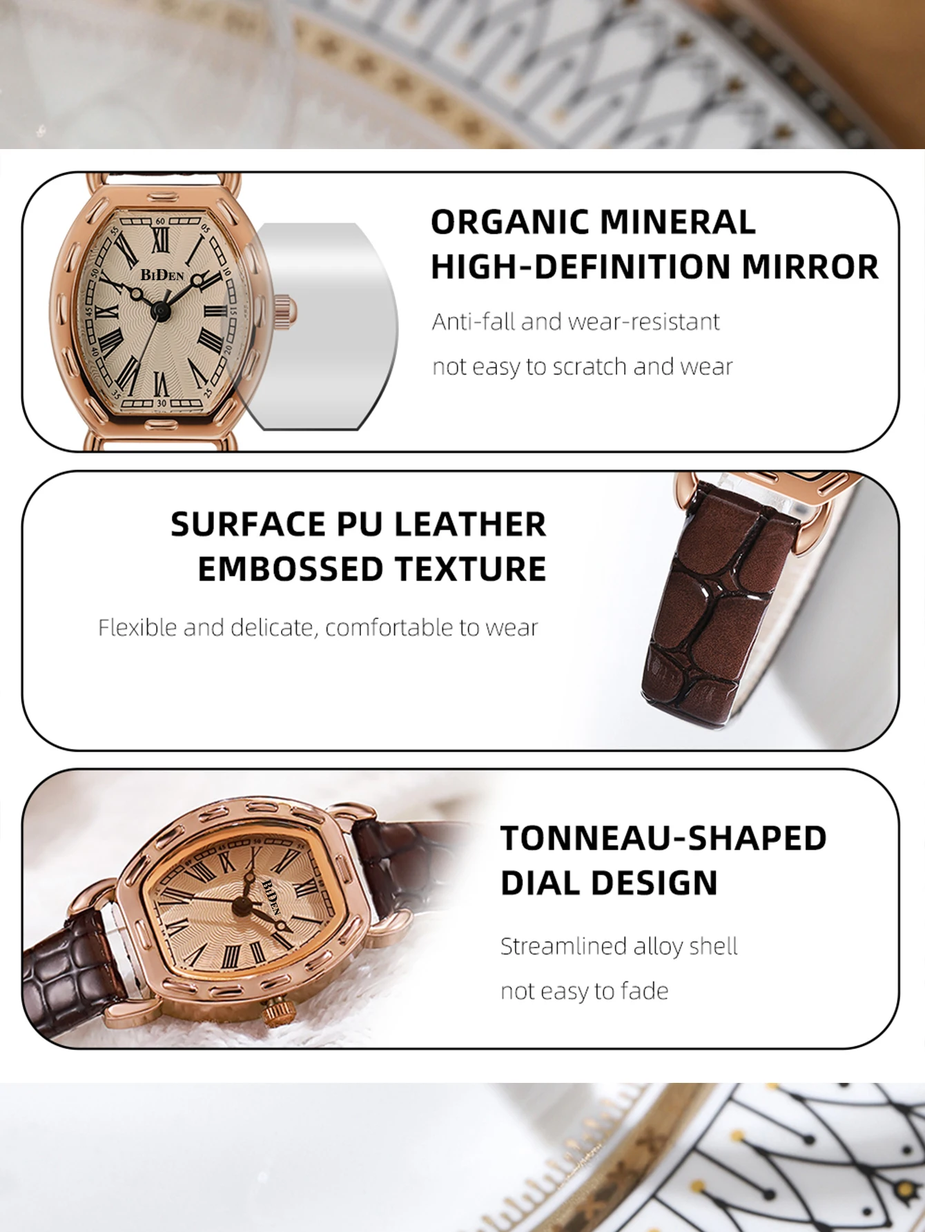 BIDEN fashion simple women's quartz watch Casual Retro Style Roman Scale Belt Quartz Movement Watch