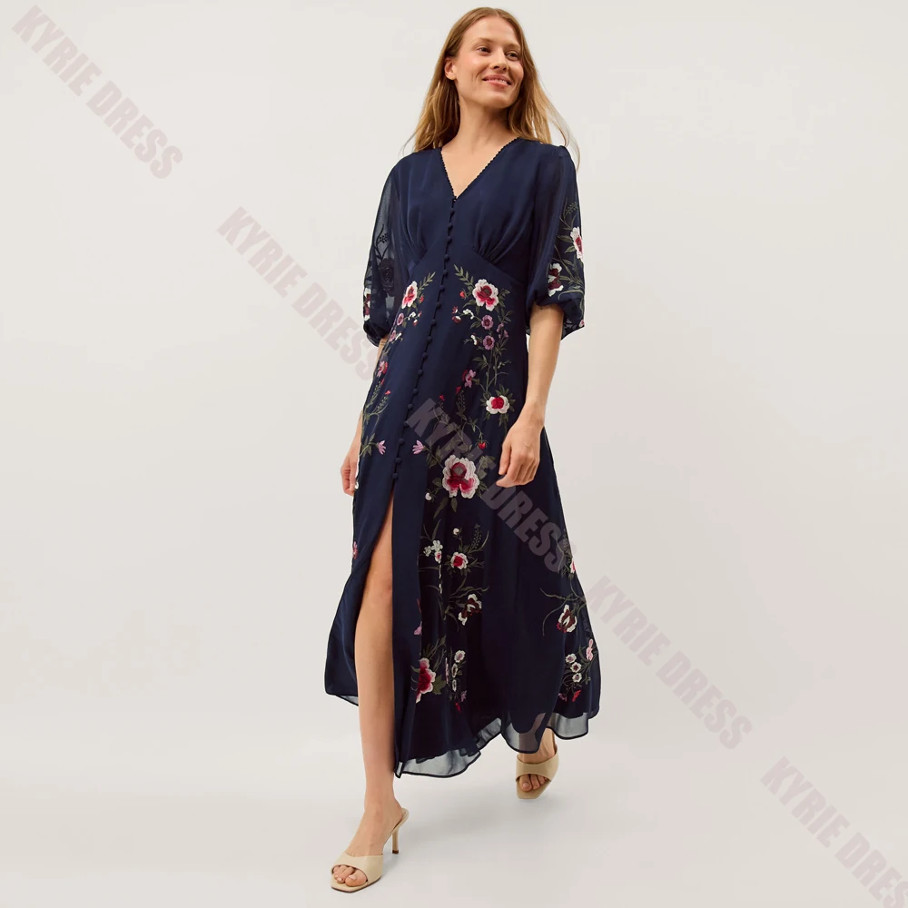 Flowers Mother of The Bride Dress Customized V Neck Half Sleeves Embroidery Split A Line Wedding Guest Dress Party Evening Gowns