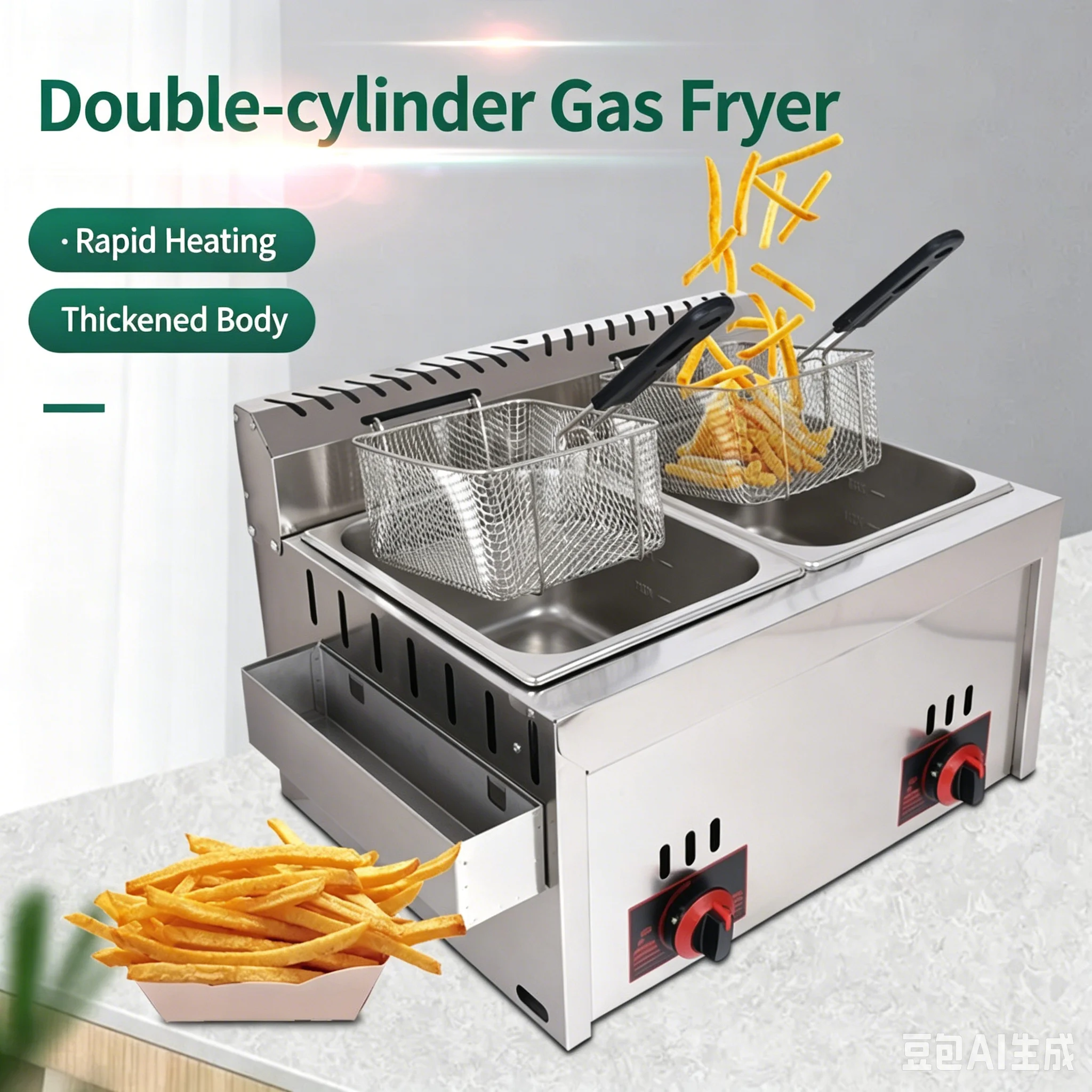 Commercial Gas Fryer, Double Tank & Double Basket Deep Fryer, Gas Frying Machine for Chicken, Fries & Street Snacks - view 3