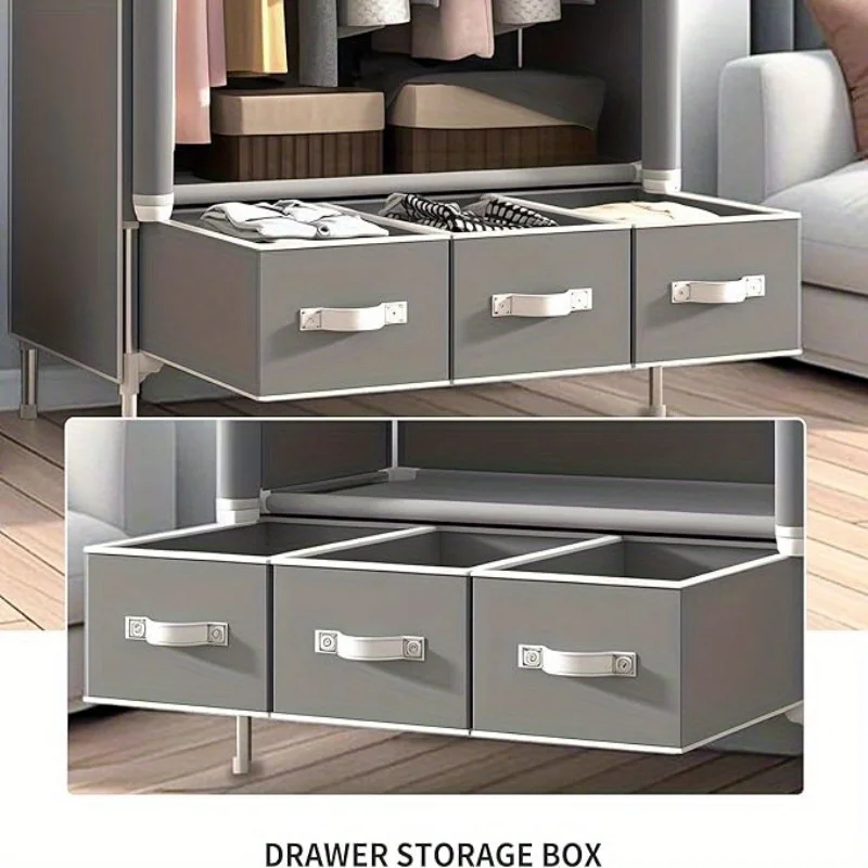 Portable Clothes Closet Rolling Door Wardrobe with Hanging Rack Non-Woven Fabric Storage Organizer with Three Drawer Boxes