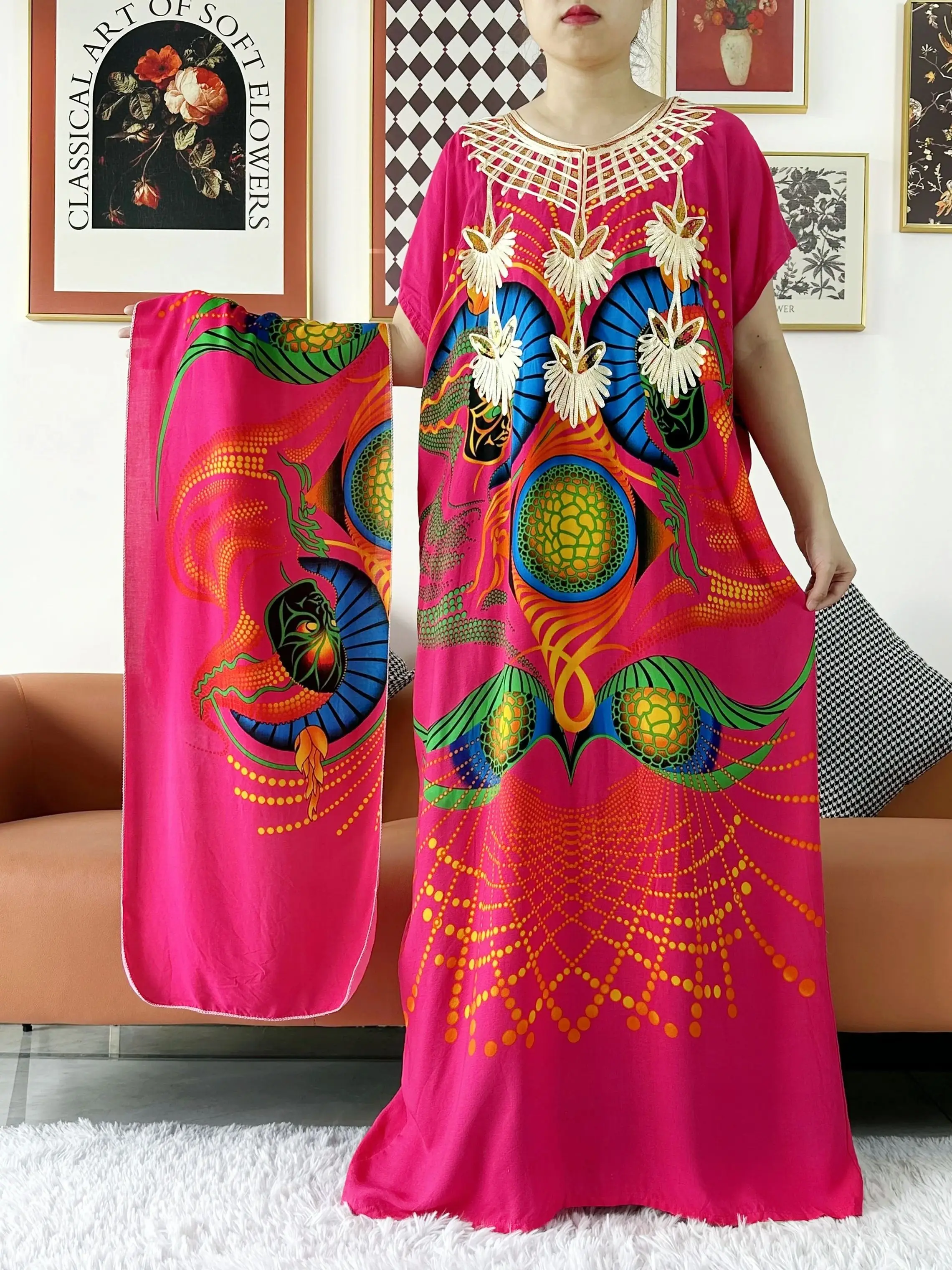 2024 New Muslim Abaya Seqauins Embroidery  African Cotton Maxi Printed Loose Floral Boubou Maxi Islam Women Short Sleeve Abaya