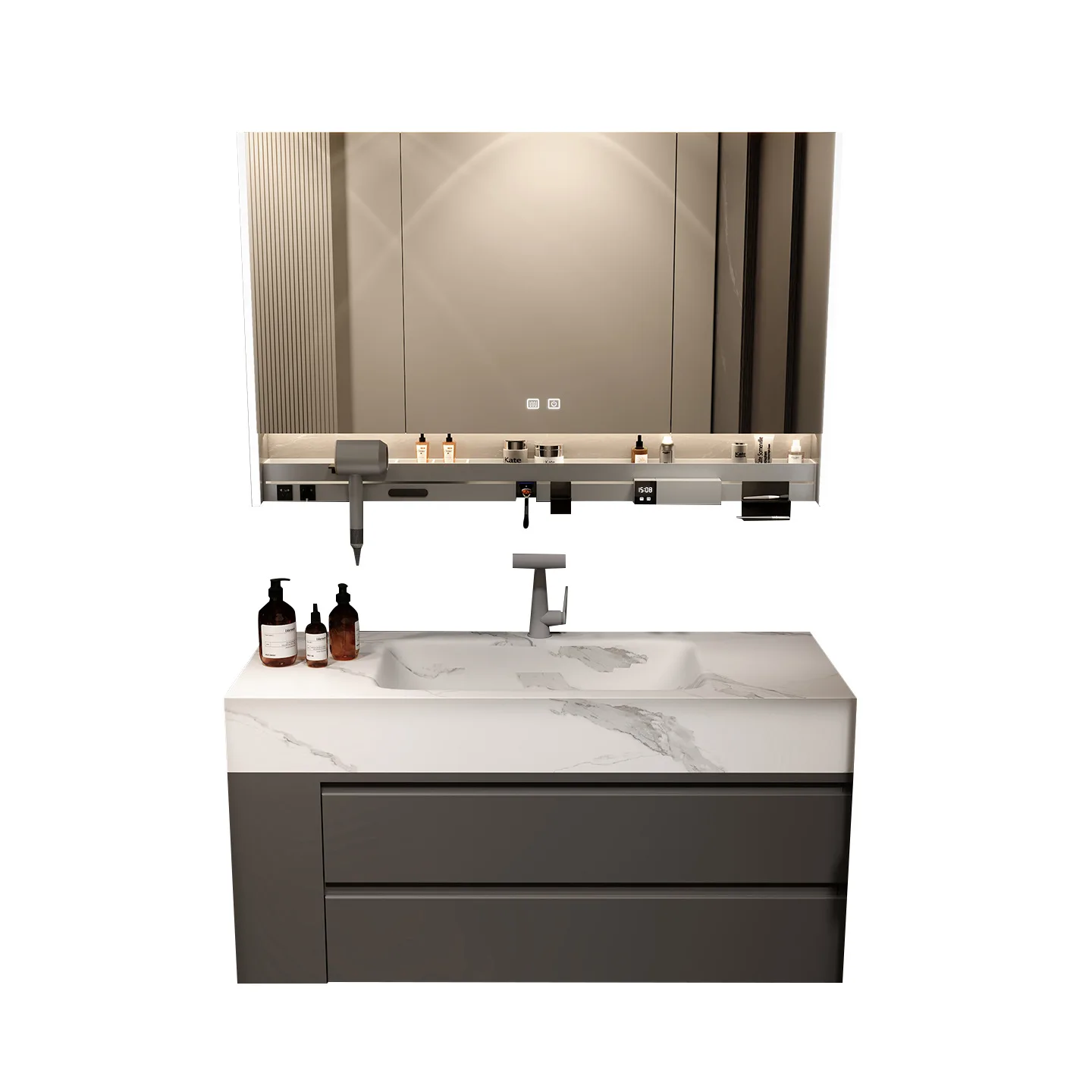 خزانة الحمام مع ألواح الصخور المتكاملة بالوعة المنظم تخزين مرآة رفوف الحائط عرض المرحاض الأثاث العصري #4