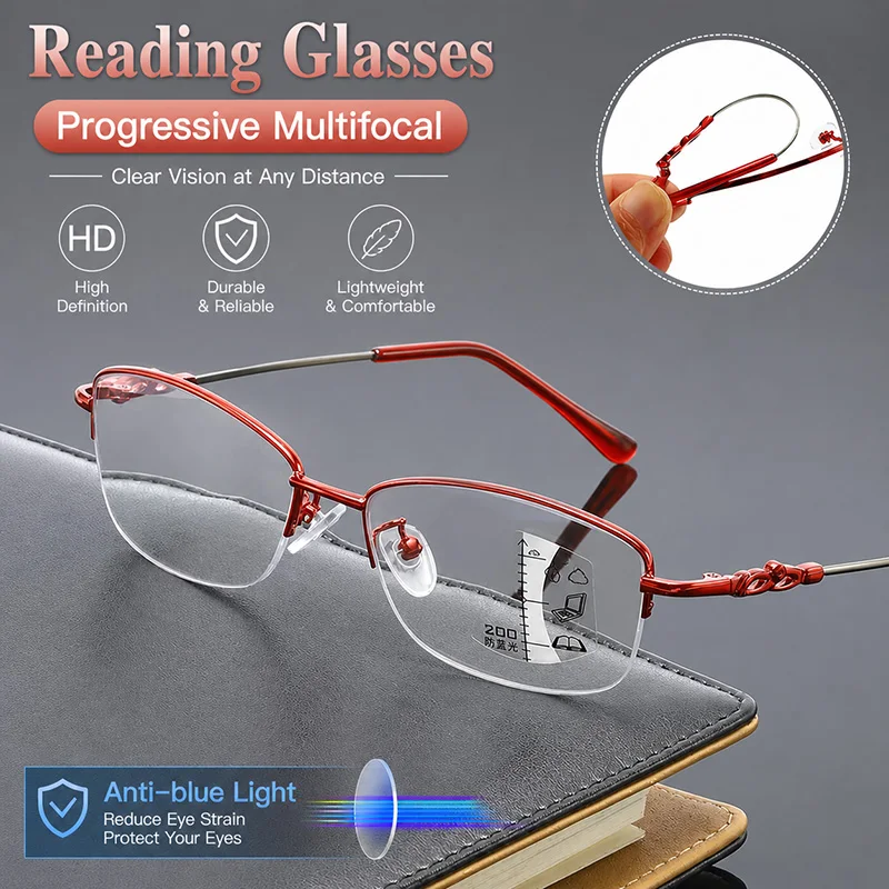 Damen Halbrahmen-Lesebrille aus Memory-Metall, Gleitsichtbrille für Herren, Halbrandlos mit Biegsamen Bügeln, Blaulichtfilter-Brille
