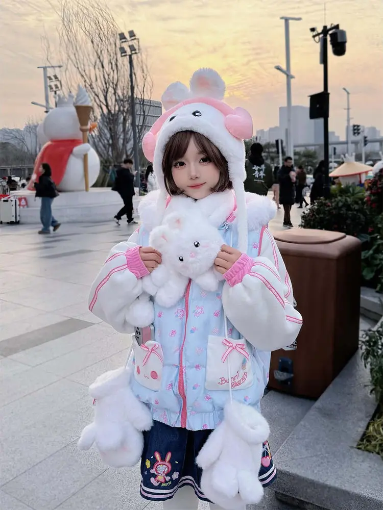 

2025 Winter Thickened Blue Detachable Fur Collar Hooded down Cotton Jacket Women's Coat Warm Cotton Padded Clothing