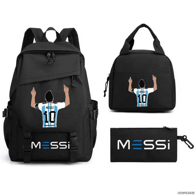 New 3pcs Messi Backpack Laptop Student School Bags Teens Girls Boys Schoolbag Book Bags Pencil Case Women Men Travel Mochilas