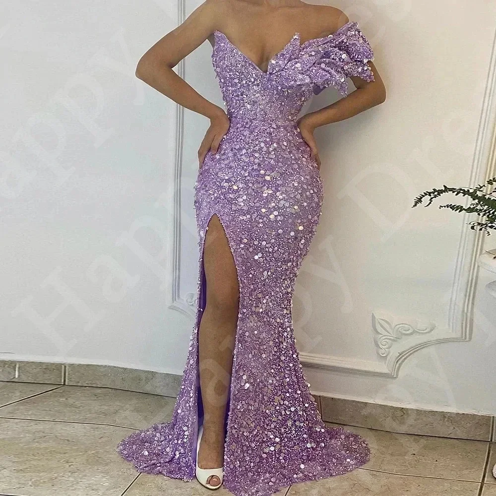 Vestido de fiesta Formal de sirena con lentejuelas brillantes para mujer, vestido de noche Sexy con abertura lateral, sin tirantes, 2024