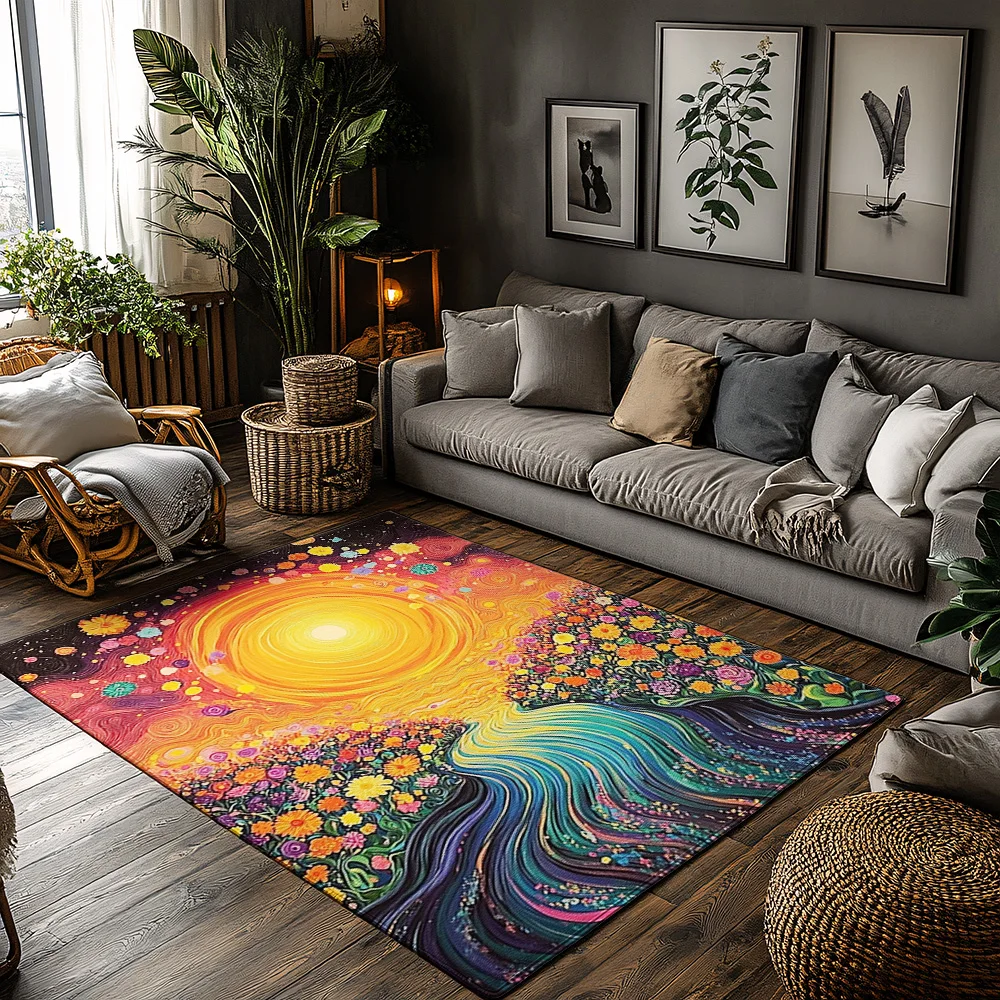 

Яркий психоделический коврик, моющийся нескользящий напольный коврик, современный богемный домашний декор, гостиная, спальня, художественный дизайн, в помещении, O