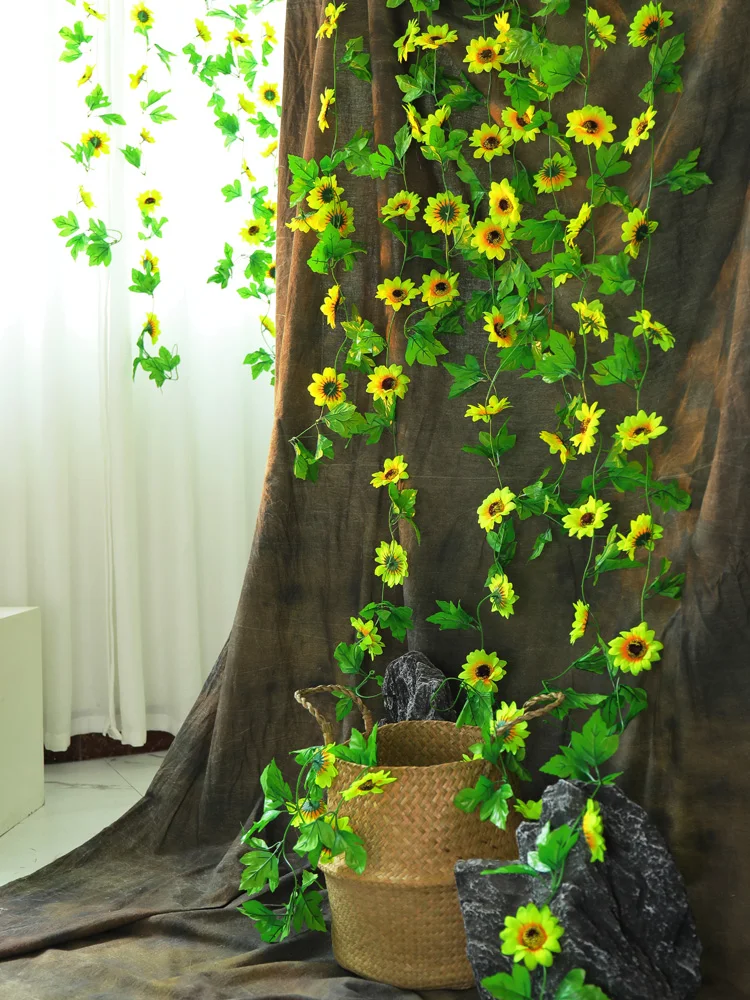 8pcs/Lot Silk Sunflowers Vine Artificial Yellow Flowers Wall Hanging Garland For Garden Home Fence Room Wedding Party Decoration