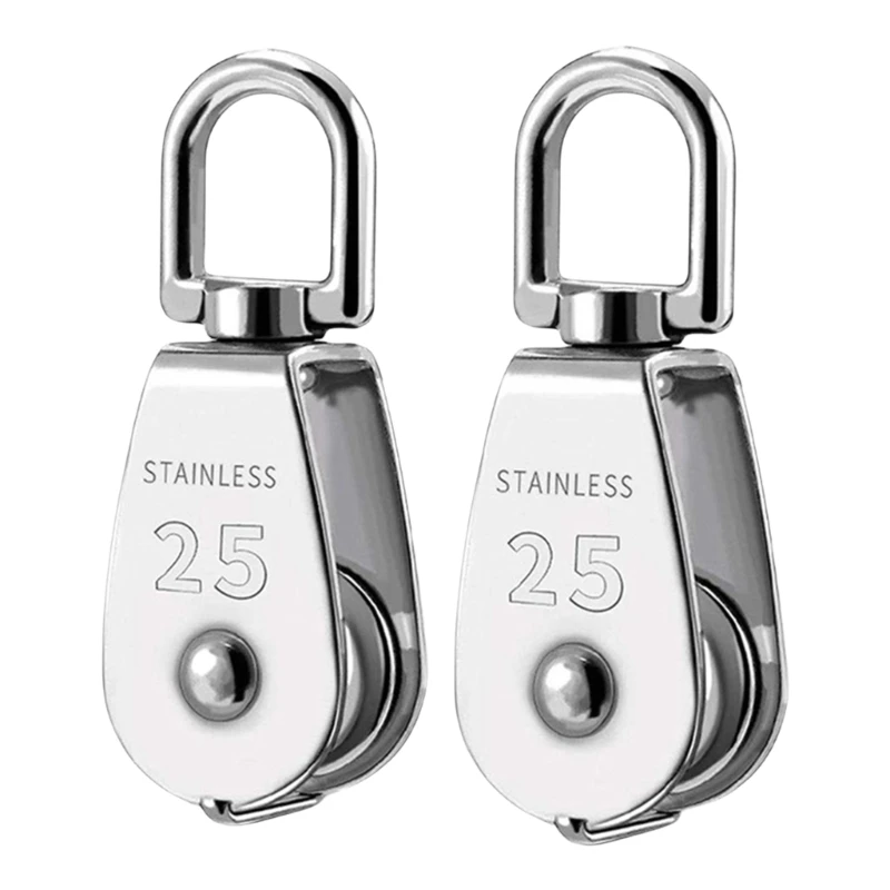 2Pcs M25 Single Pulley Block Loading 330lbs Stainless Steel Wire Rope Single Roller Lifting Cranes Swivels Hook Outdoor