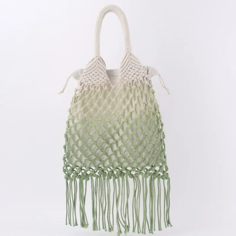 Handmade Cotton Rope Mesh Bag Beach Bag Hollow Out One Shoulder Woven Bag Women\'s Fashion Straw Woven Bag Female Shopping Bag