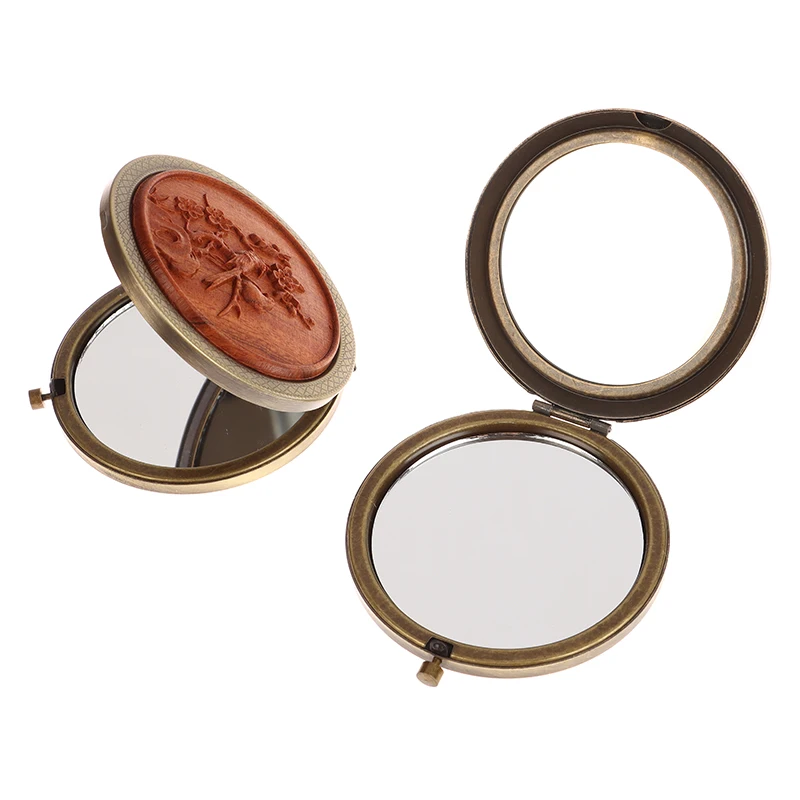 Wood Folding Pocket Mirror Vintage Flowers MakeupMirror Portable Magnifying Retro Compact Mirror Folded Pocket Mirror Women Gift