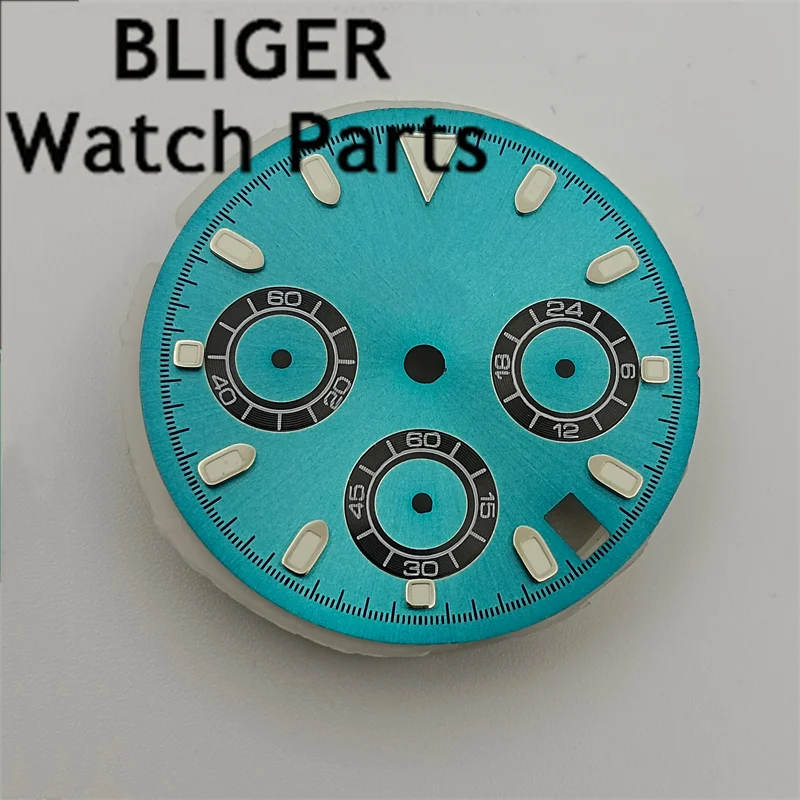 BLIGER 29.4mm Sky blue dial and 6- hand quartz movement Green luminous watch dial Suitable for VK63 quartz movement