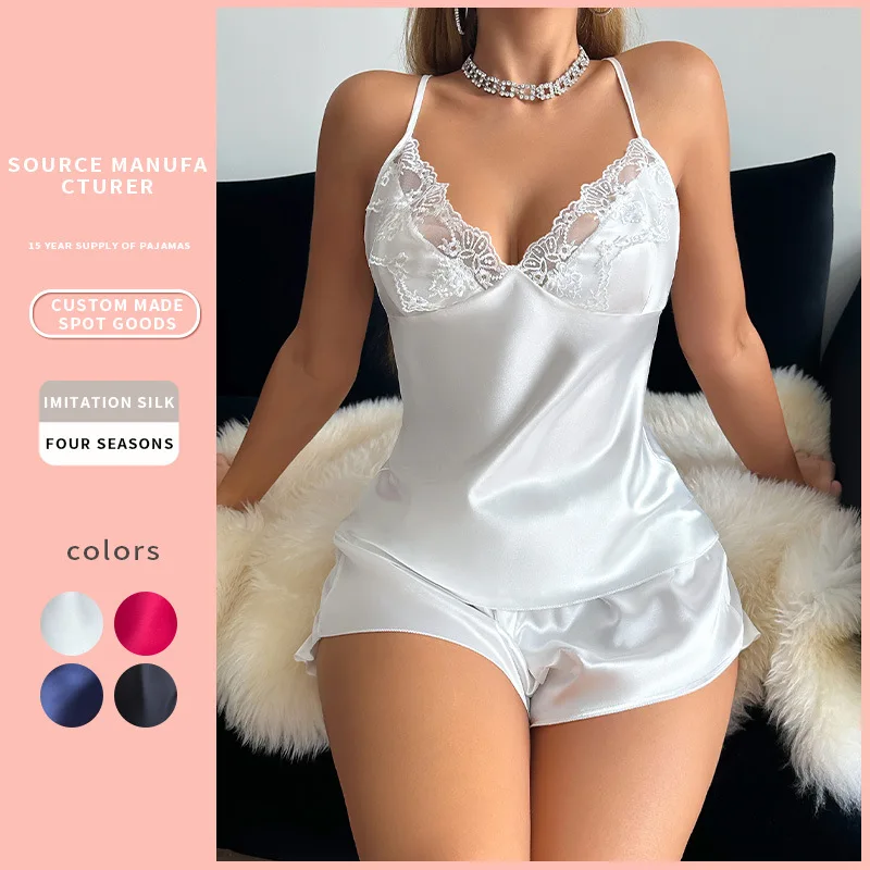 Silk Ice Women's Sleepwear Set Sexy Lace Strap Shorts Home Clothes Summer Simulation Silk Nightgown Thin Fabric Summer Sleepwear
