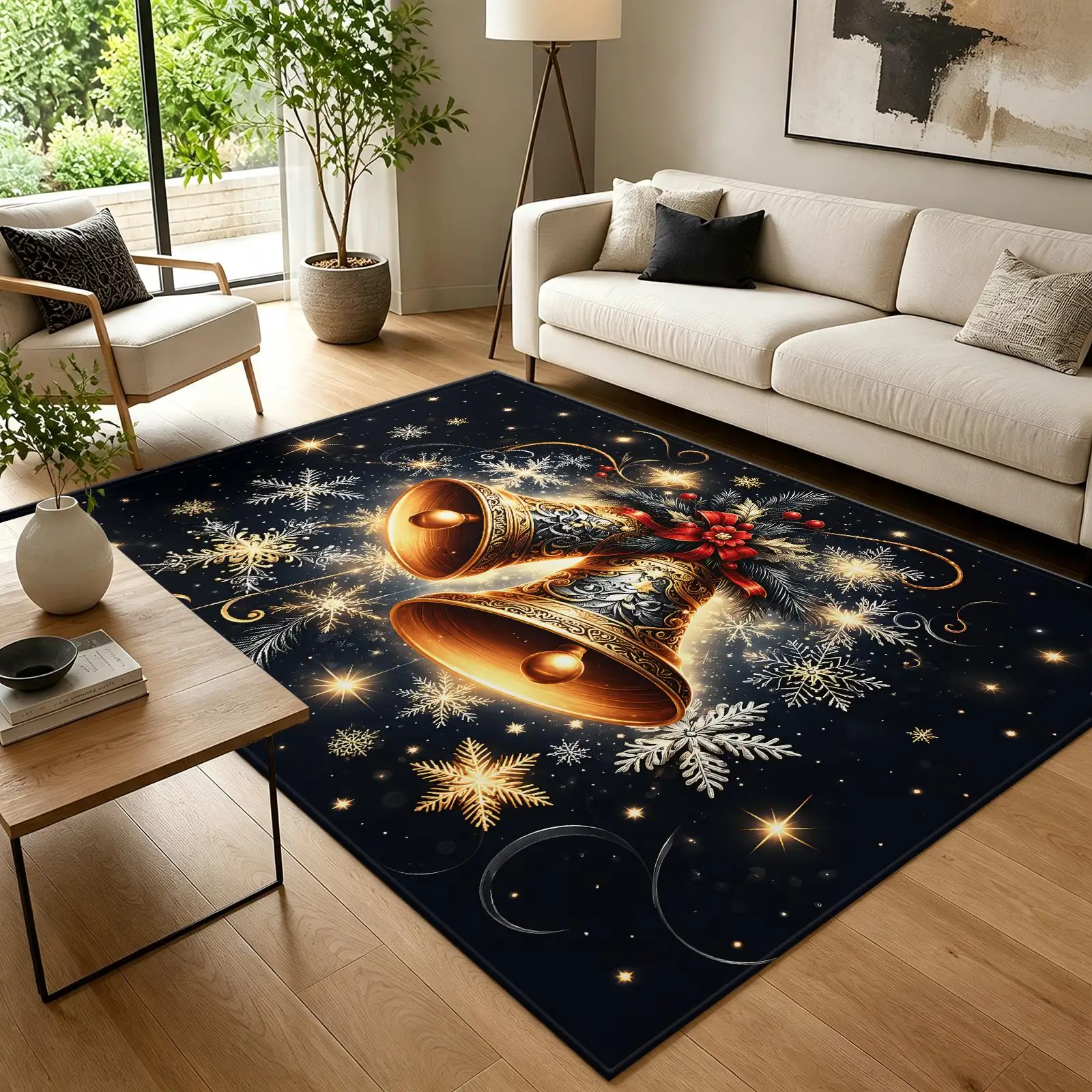 1pc 2D Flat Christmas Golden Bells Snowflake Glowing Star Printed Floor Mat, Decorative Rug for Living Room, Bedroom, Home