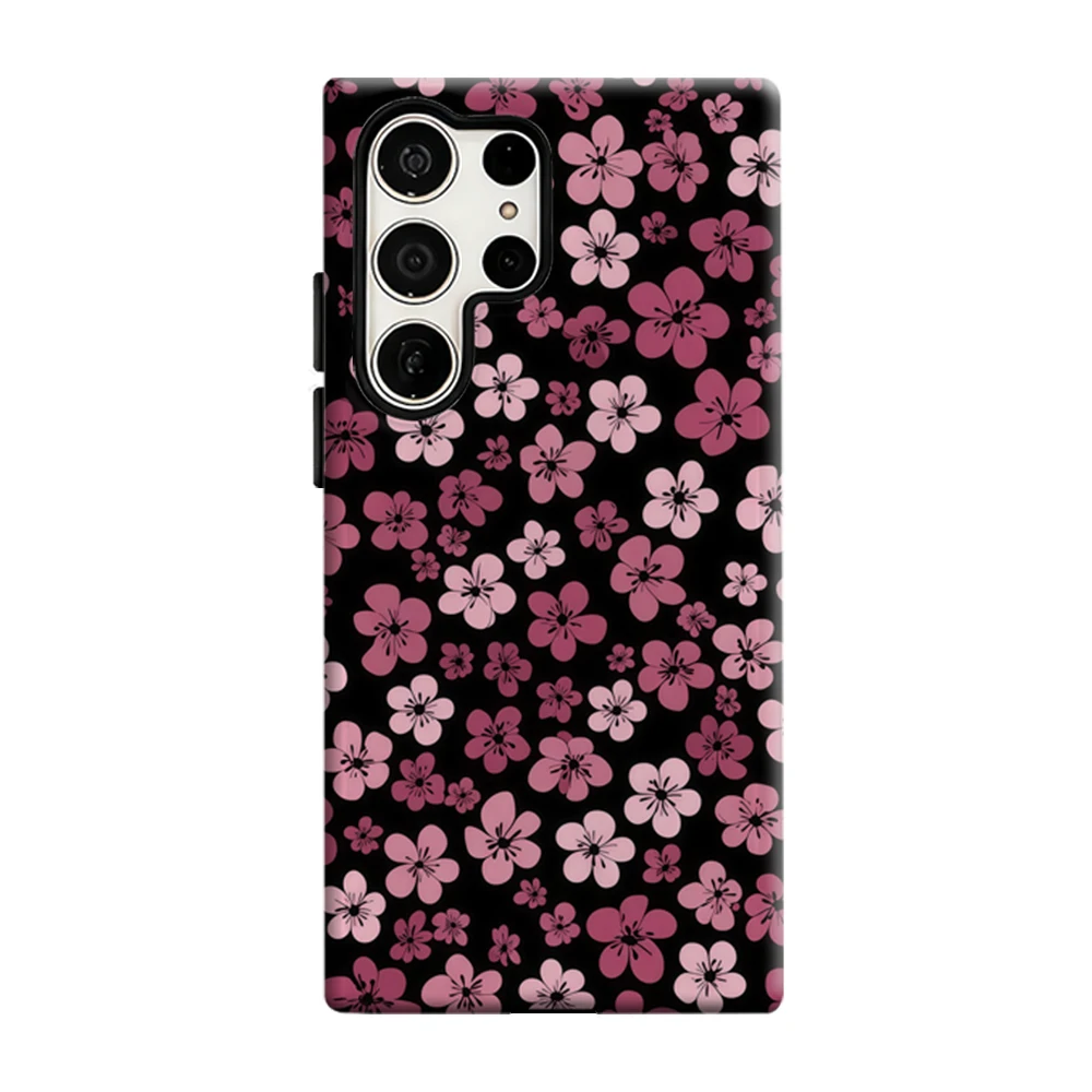 Pink Flowers Black Base Phone Case For Samsung Galaxy S25 S26 Ultra S24 S23 Plus Shockproof Double Layer Tough Back Cover